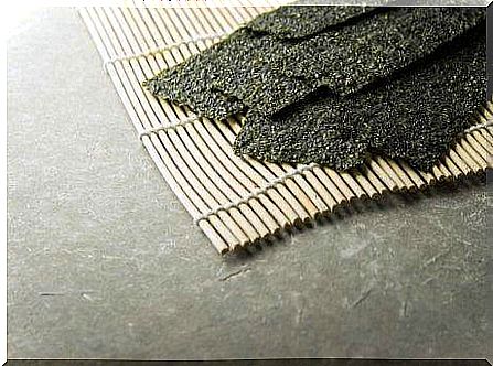 Nori seaweed is used to make sushi rolls