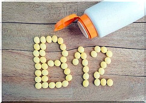 Vitamin pills form the text "B12"