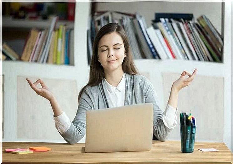 Woman meditates to control stress as she has hypertension