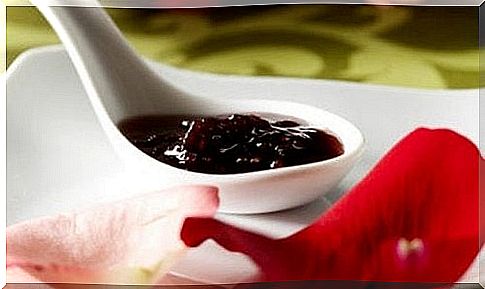 dark sugar-free berry jam on large spoon