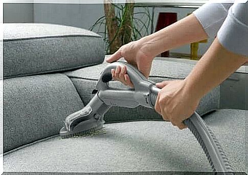 Woman vacuuming sofa